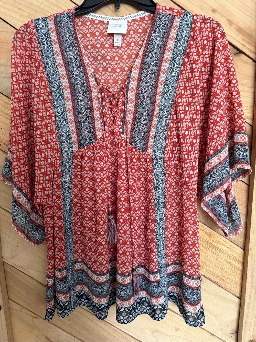 Knox Rose Rust Red Printed Boho Tie-Front Tunic